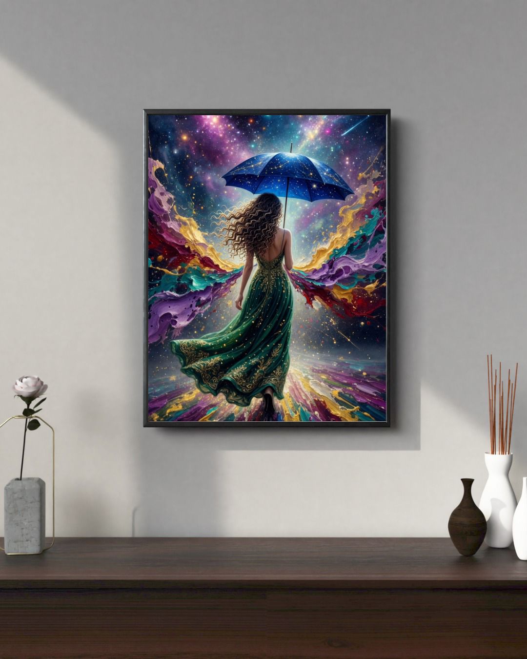Cosmic Walk with Starlit Umbrella