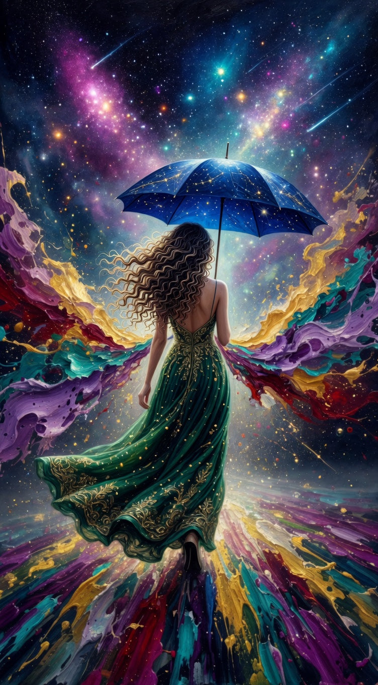 Cosmic Walk with Starlit Umbrella