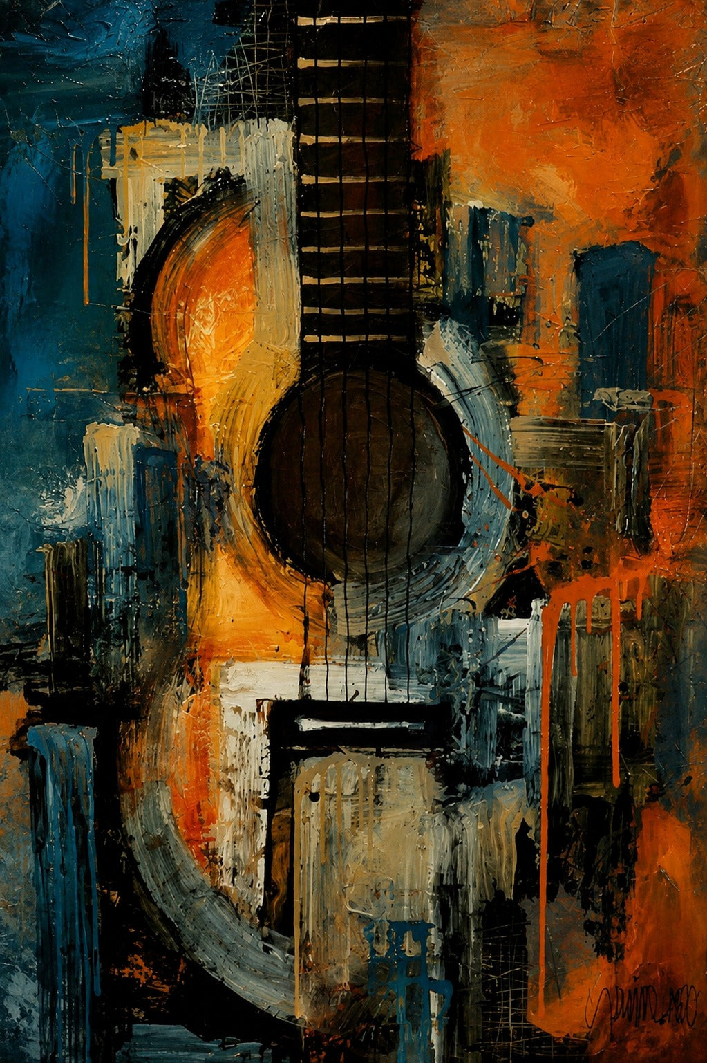 Abstract Guitar in Blue and Burnt Orange